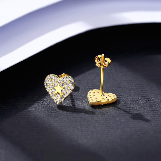 925 sterling silver diamond heart studs earrings