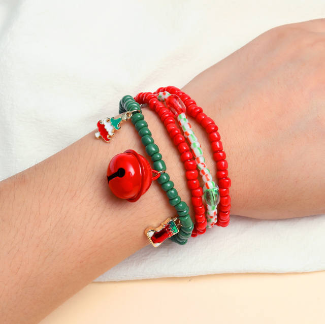 Color seed beads bell charm layer christmas bracelet