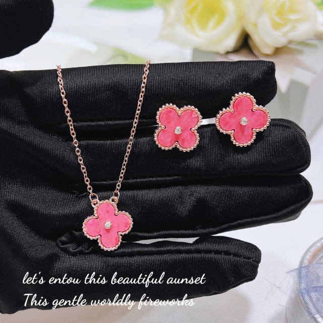 Special pink color clover necklace earrings bracelet set