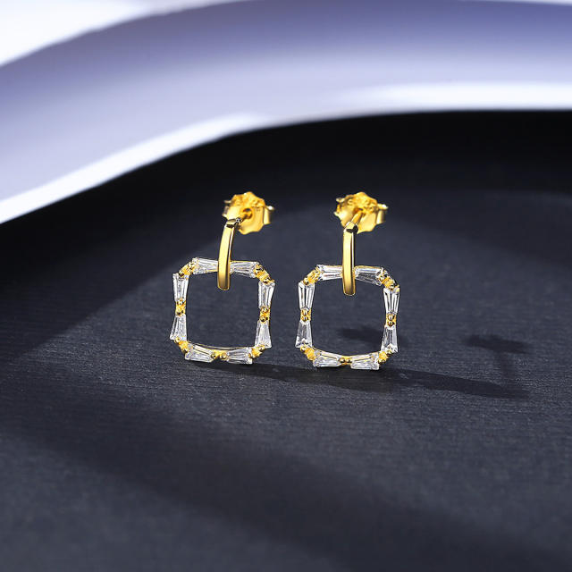 925 sterling silver diamond square hollow earrings