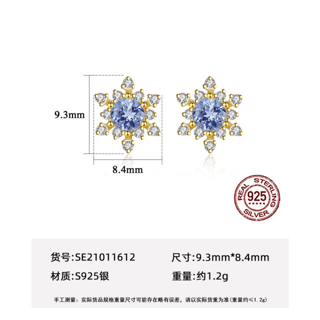 Korean fashion blue color diamond snowflake sterling silver earrings