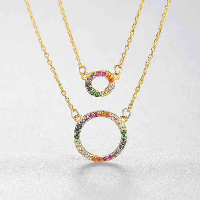 Color rhinestone circle two layer sterling silver necklace