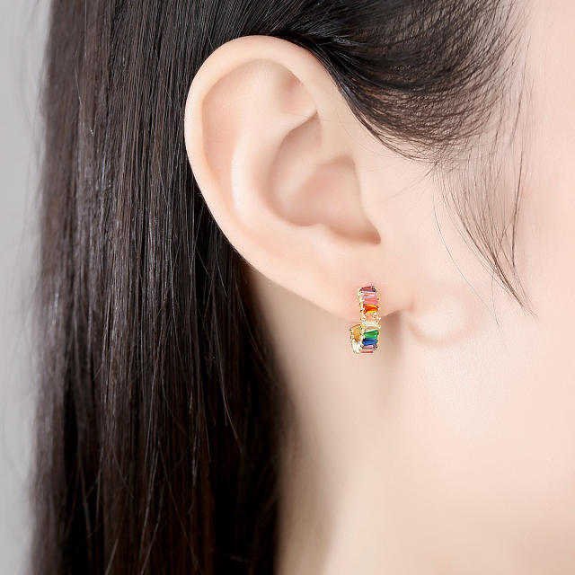 Rainbow crystal sterling silver open hoop earrings