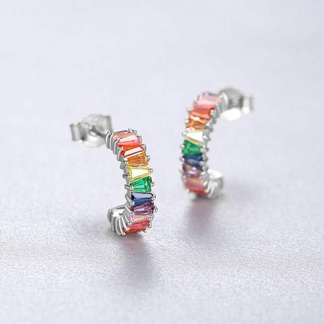 Rainbow crystal sterling silver open hoop earrings