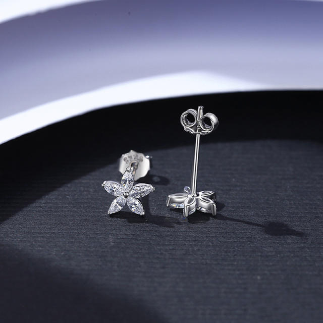 Elegant diamond flower sterling silver studs earrings