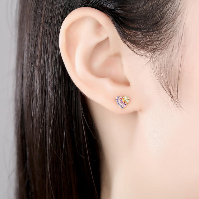 Color rhinestone heart shape sterling silver studs earrings