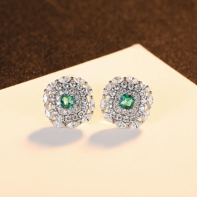 Top quality diamond square sterling silver studs earrings