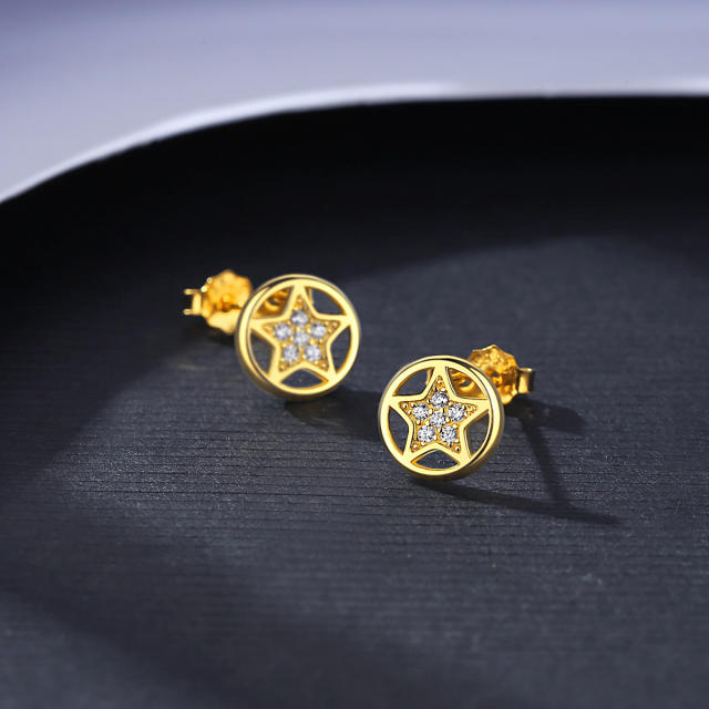 Korean fashion round shape star sterling silver studs earrings