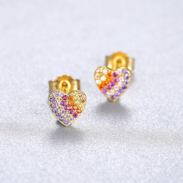 Color rhinestone heart shape sterling silver studs earrings