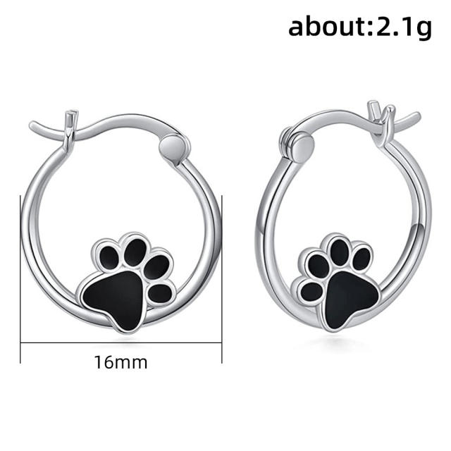 Cute black cat paw silver hoop earrings