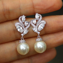 Elegant diamond flower faux pearl drop earrings
