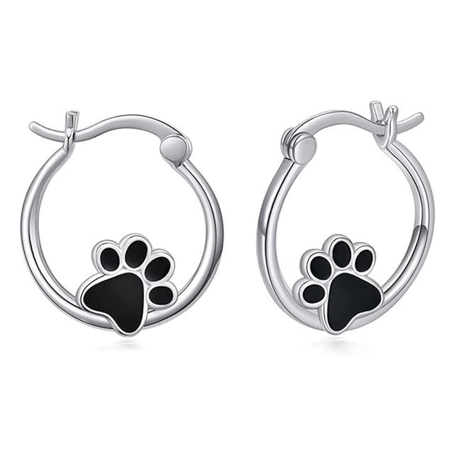 Cute black cat paw silver hoop earrings
