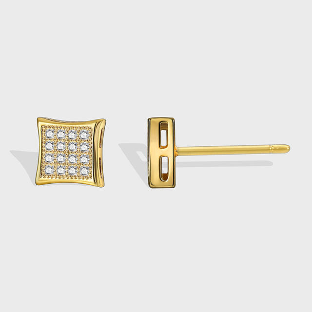 Korean fashion diamond square real gold plated studs earrings