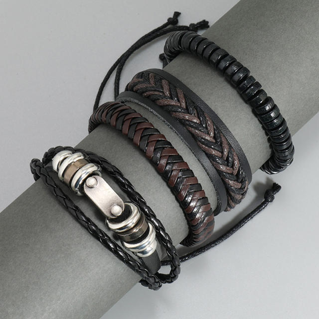 Handmade black leather bracelet set for men