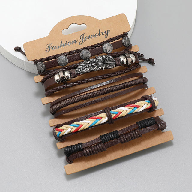 Vintage diy bark brown color leather bracelet set for men