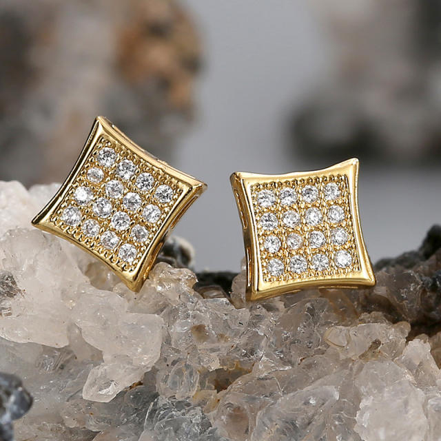 Korean fashion diamond square real gold plated studs earrings