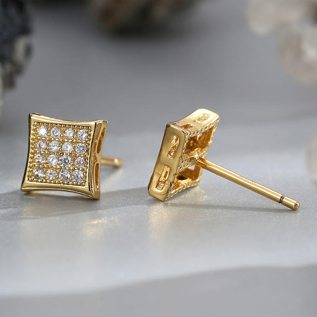 Korean fashion diamond square real gold plated studs earrings