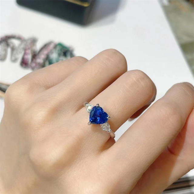 INS faux sapphire heart rings for women