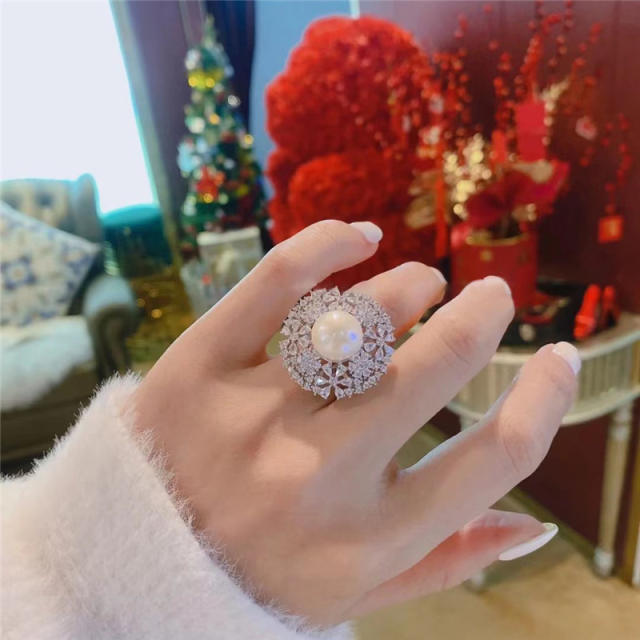 Elegant round shape diamond pearl rings for women