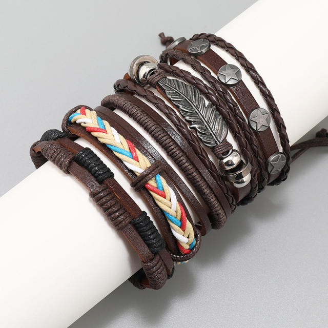 Vintage diy bark brown color leather bracelet set for men