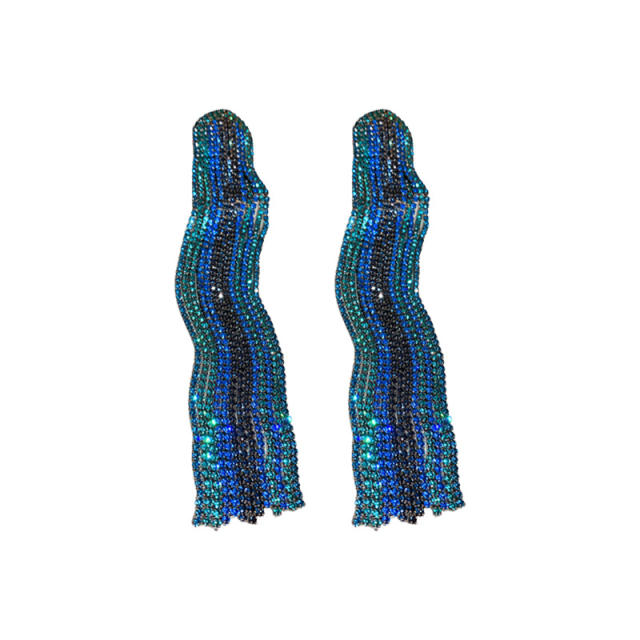 Blue color diamond tassel long earrings