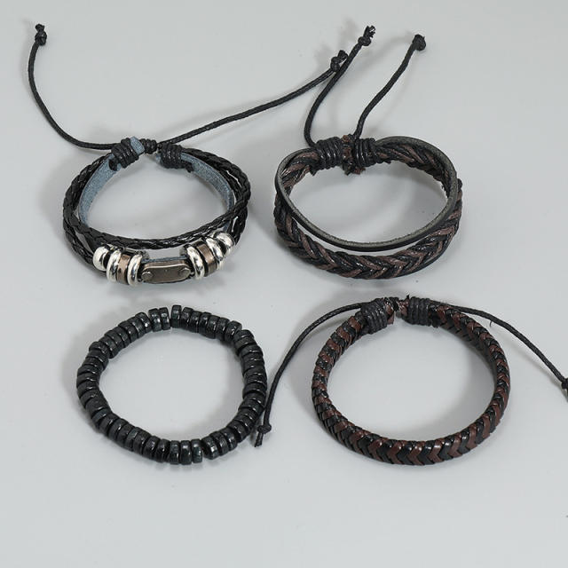 Handmade black leather bracelet set for men