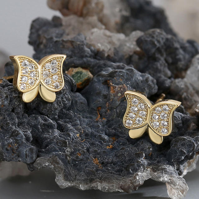 Elegant diamond butterfly real gold plated studs earrings