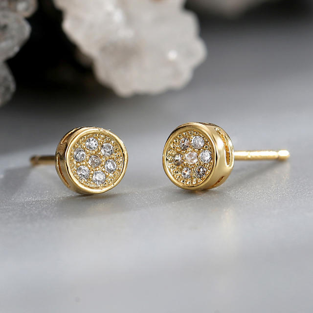 Simple round shape diamond real gold plated studs earrings