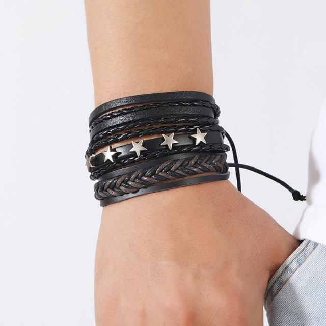 Punk design silver star black leather bracelet set for men