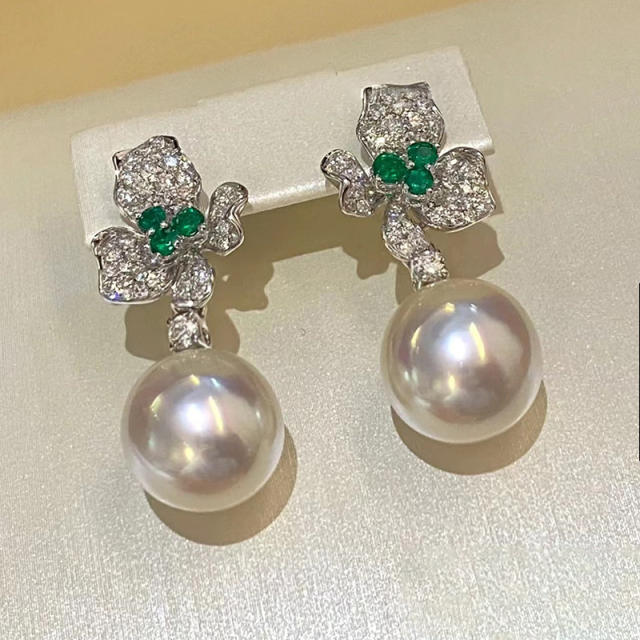 Elegant diamond flower pearl drop earrings