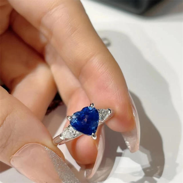 INS faux sapphire heart rings for women