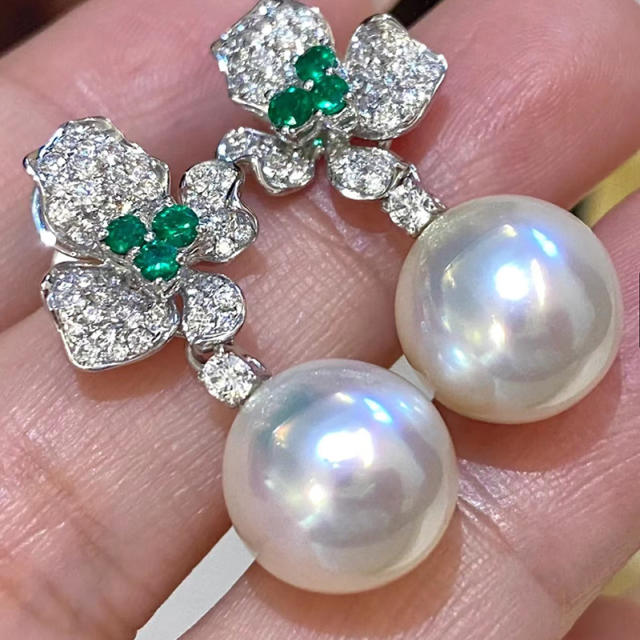 Elegant diamond flower pearl drop earrings