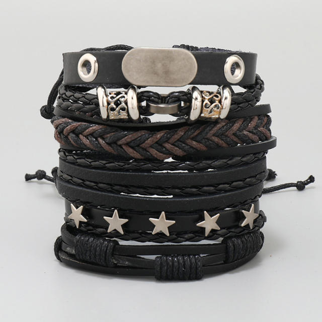 Punk design silver star black leather bracelet set for men