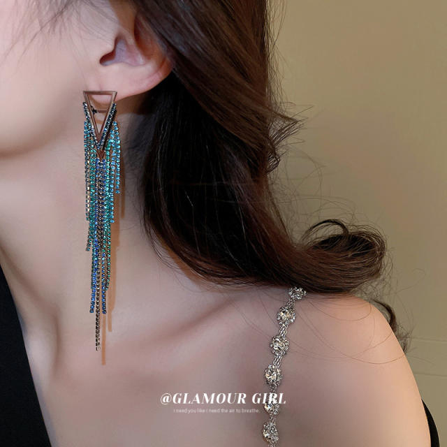 Blue color diamond tassel long earrings