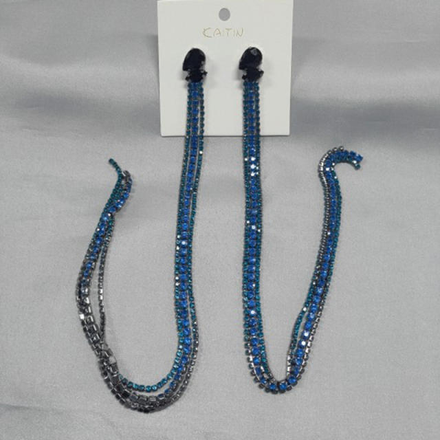 Blue color diamond tassel long earrings