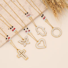 Diamond cross heart hasma butterfly pendant stainless steel necklace