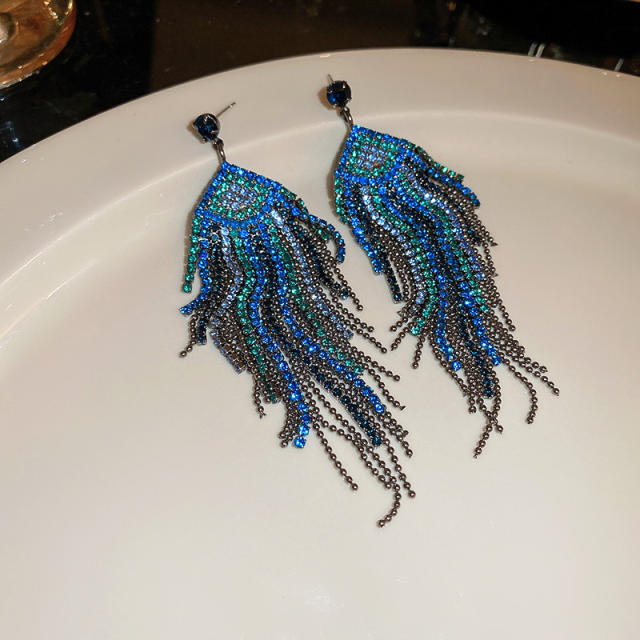 925 needle blue color diamond tassel earrings