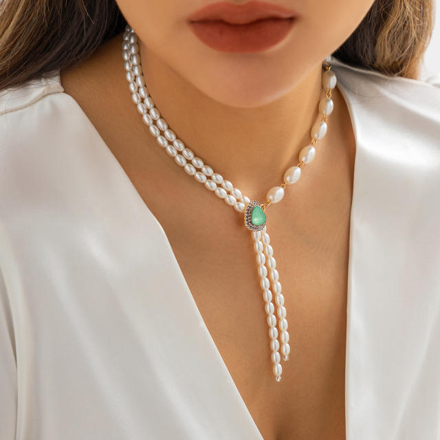 Elegant faux pearl beaded lariet necklace