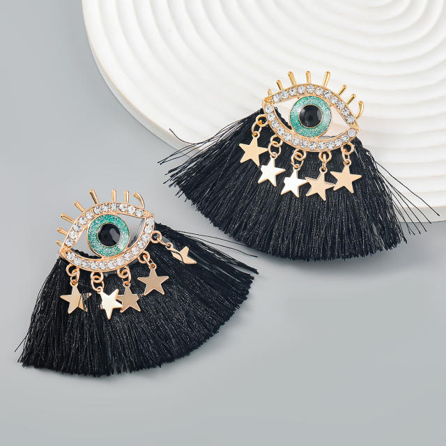 Boho blue black rope tassel evil eye earrings