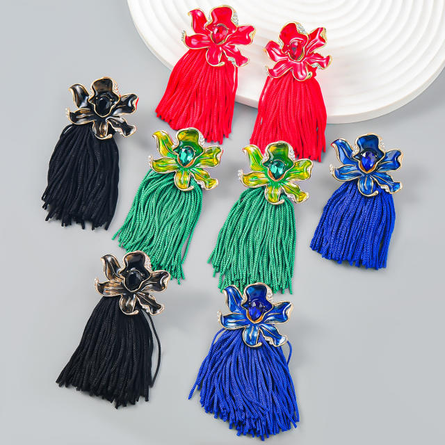 Boho color enamel flower colorful tassel earrings