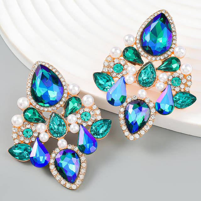 Luxury color glass crystal statement studs earrings