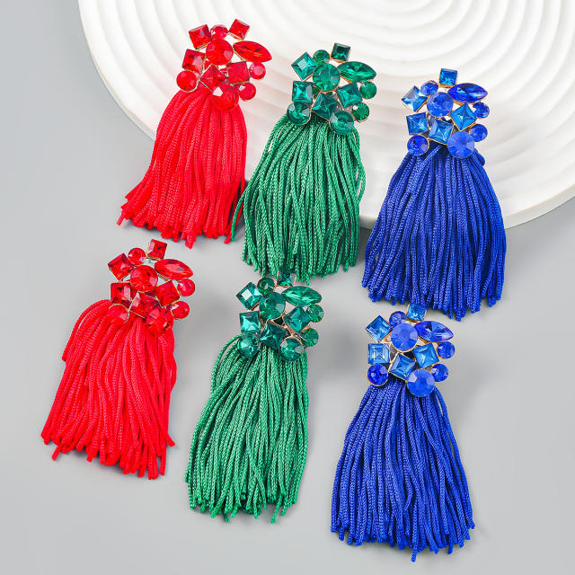 Boho glass crystal statement flower rope tassel earrings