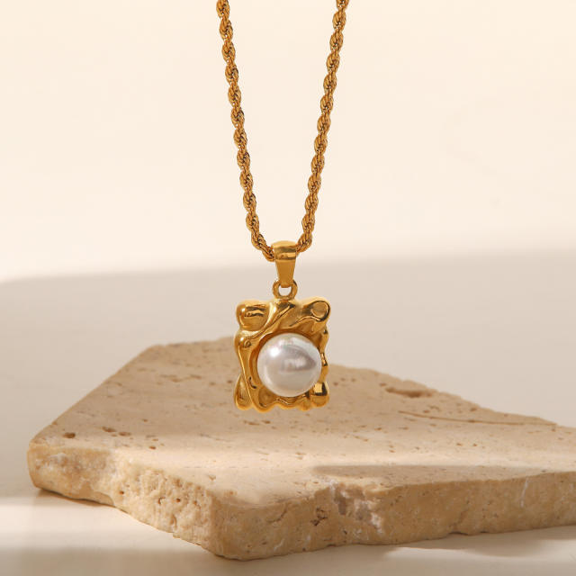 Vintage square pendant pearl stainless steel necklace