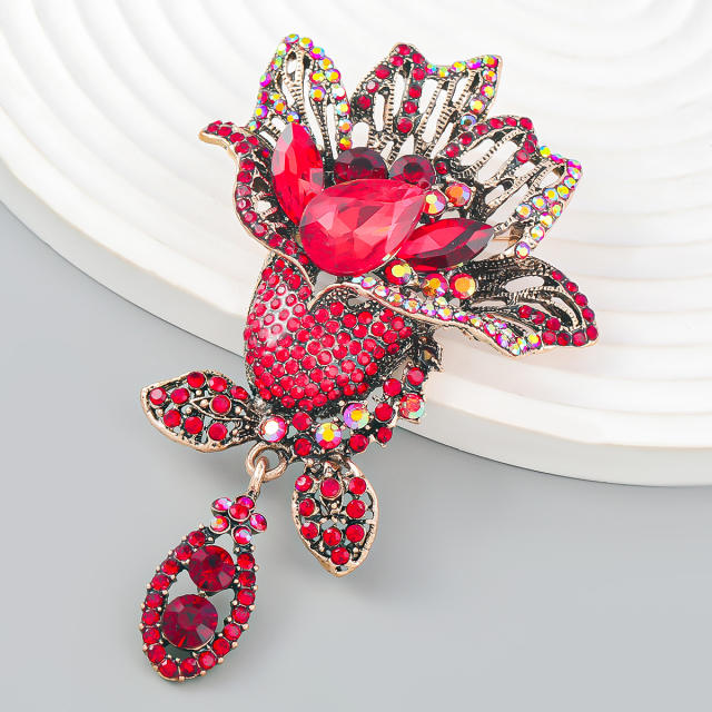 Vintage color glass crystal statement rose flower brooch
