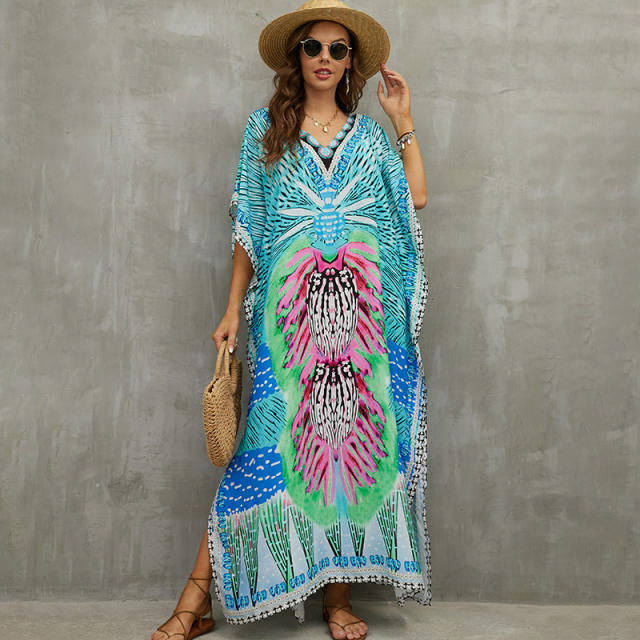 Boho colorful pattern loose beach dress bikini cover up