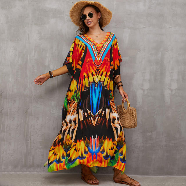 Boho colorful pattern loose beach dress bikini cover up