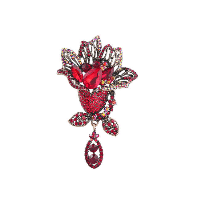 Vintage color glass crystal statement rose flower brooch