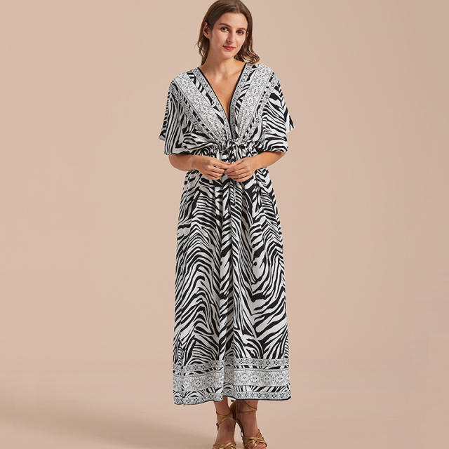 Elegant zebra pattern loose beach dress bikini cover up