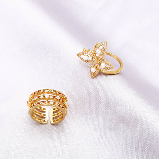 Elegant pearl diamond butterfly adjustable rings