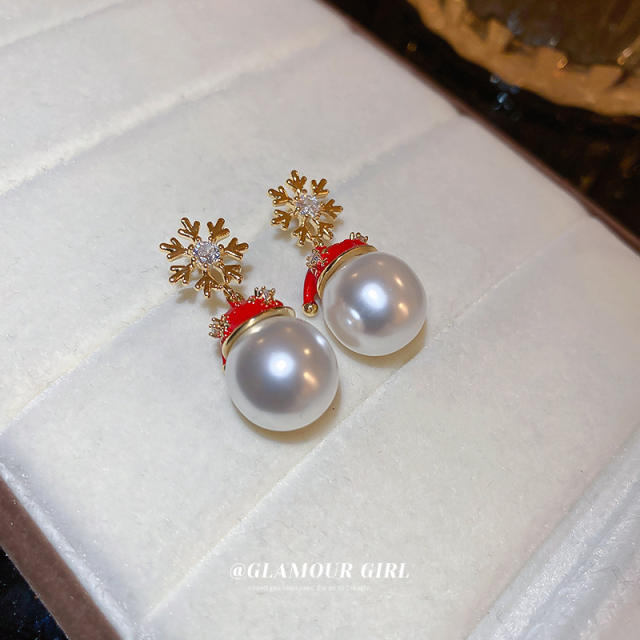 925 needle christmas snowflake pearl earrings